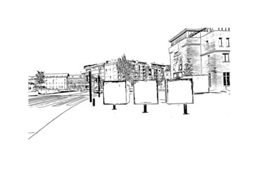 Building view with landmark of Hasselt is the 
city in Belgium. Hand drawn sketch illustration in vector.