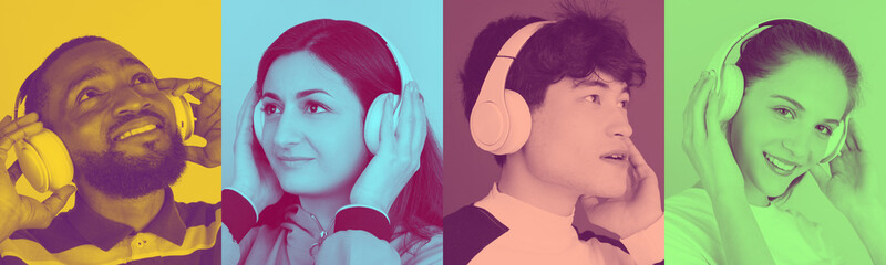 Collage of young multiethnic people listening to music isolated on multicolored background. Trendy, modern duotone effect. Blue, green, yellow