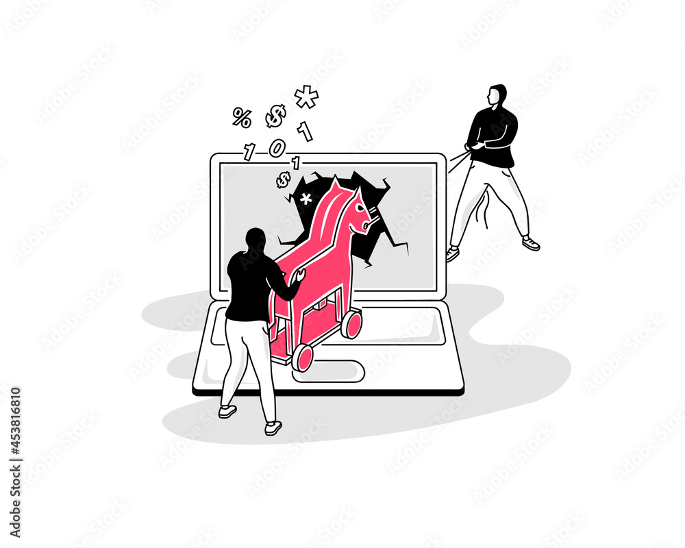 Fototapete illustration of trojan virus attack symbol with a laptop and two hackers. easy to use for your websi