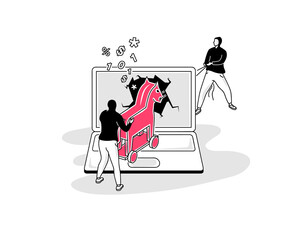 Illustration of trojan virus attack symbol with a laptop and two hackers. Easy to use for your website or presentation. - obrazy, fototapety, plakaty