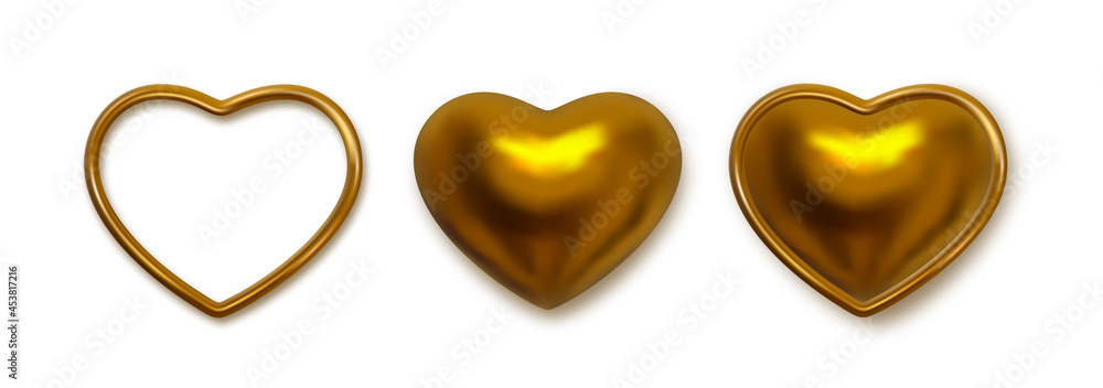Poster golden hearts concept elements. vector clipart objects. realistic 3d vector elements. gold decoratio