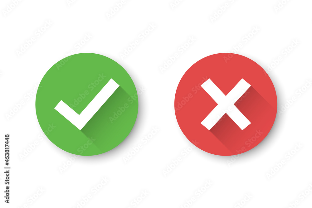 Poster set of check mark and cross icons with long shadow
