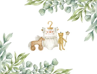 Fototapeten Watercolor illustration card with green eucalyptus frame, baby romper, wood toys. Isolated on white background. Hand drawn clipart. Perfect for card, postcard, tags, invitation, printing, wrapping. © Karina Martirosova