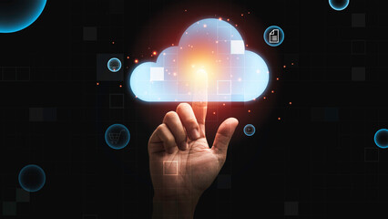 Man hand touching virtual cloud computing for download  upload data information , Technology...