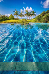 Swimming pool ripples reflect light which leads the eye towards palm trees on the far side