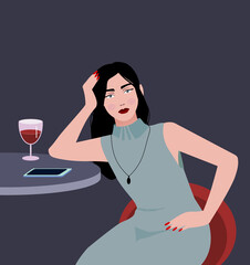 A sad contemplative long-haired woman in a dress, sitting near the table with the glass of wine and the mobile phone and holding her head with her hand. Vector flat illustration . 