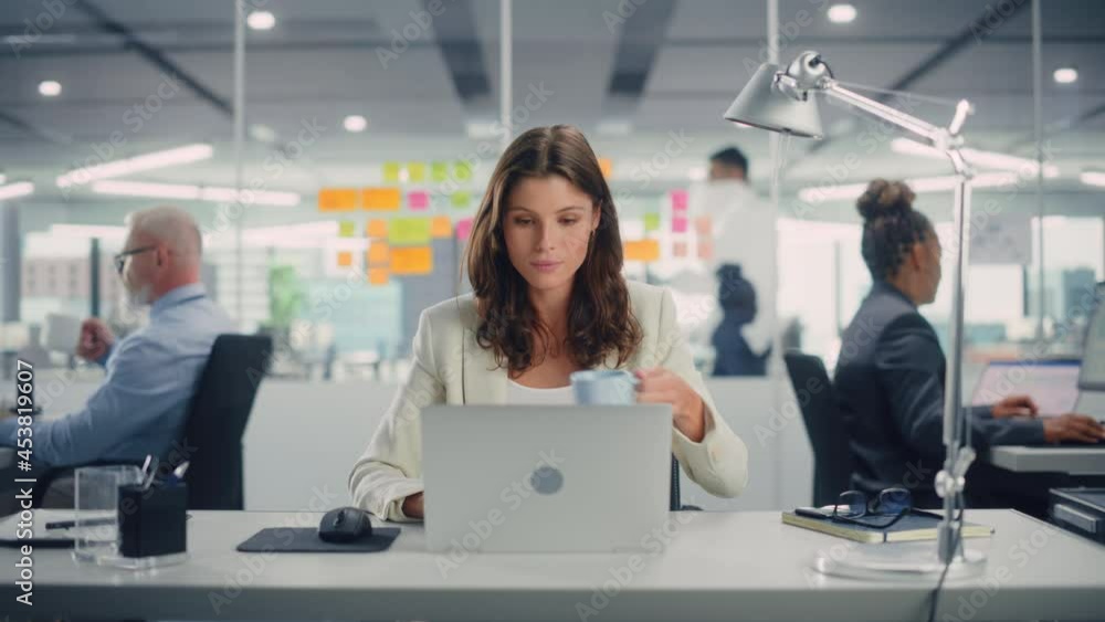 Poster young happy businesswoman using computer in modern office with colleagues. stylish beautiful manager