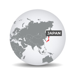 World globe map with the identication of Japan. Map of Japan. Japan on grey political 3D globe. Asia map. Vector stock.
