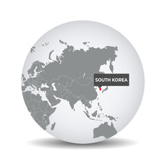 World globe map with the identication of South Korea. Map of South Korea. South Korea on grey political 3D globe. Asia map. Vector stock.