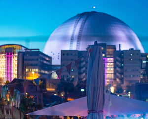 Sweden, Stockholm, Globenområdet, view to Avicii Arena in the night, 2019 year	