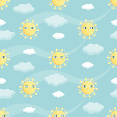 Cute cartoon sun with a face of a cat on cloudy sky, seamless vector background for kids.