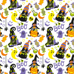 Halloween gnomes, kids pattern, seamless pattern, monsters, bat, moon, ghost, fantasy print, vector