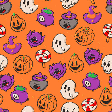 Halloween seamless pattern with pixel elements vector background.