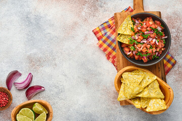 Traditional Mexican tomato sauce salsa with nachos and ingredients tomatoes, chile, garlic, onion...