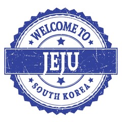 WELCOME TO JEJU - SOUTH KOREA, words written on blue stamp