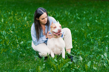 Brunette female in casual clothes patting bicolor white-brown active american pitbull terrier dog on grass in city park. Walking and training dog outside. Happy animal with tongue out looking away
