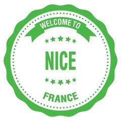 WELCOME TO NICE - FRANCE, words written on green stamp