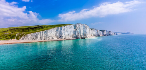 An aerial towards the Seven Sisters Chalk cliffs, UK in early summer