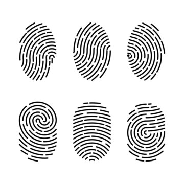 Set of vector illustrations of security fingerprint authentication. Finger identity, technology biometric illustration. Fingerprint template collection