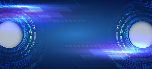 Wide Blue background with various technological elements. Hi-tech computer digital technology concept. Abstract technology communication vector illustration.