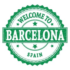 WELCOME TO BARCELONA - SPAIN, words written on green stamp