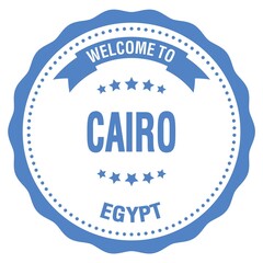 WELCOME TO CAIRO - EGYPT, words written on light blue stamp