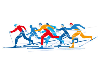 Cross-country skiing competition.
 Expressive illustration of nordic skiing competitors. Vector available.