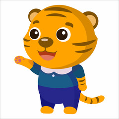 Vector little cartoon tiger smiling and waving
