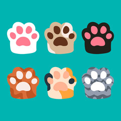 Cat paws vector illustration. Set kitten paw or dog paw icons. Collection different cartoon colored cat paws. Cute cartoon animal foot.