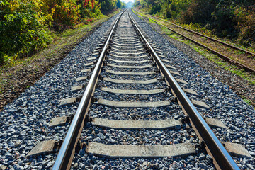 Two railway tracks New and Old abandoned in the forest among trees and green grass along them. Railway transportation of passengers and large-tonnage cargo.