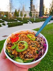 A poke bowl ready to eat at park in the center of Milan.