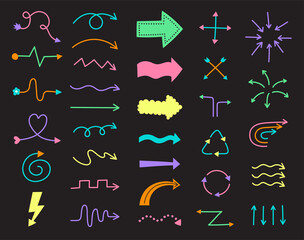 Various Colorful Style Arrow Set.Black Background. Cute Minimal Arrow Direction Pointer Sign.