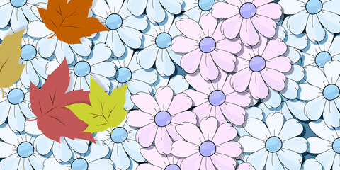 Multicolored DAISIES and LEAVES with nostalgic tones and natural colors in elegant contrast. Fresh and modern card of flowers. Variety of marguerites for background. FALL SEASON ambience.