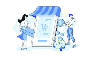 Cashback vector illustration, Making online purchase abstract concept, Loyalty program,  Money refund program, Online banking, mobile Payment, shopping, saving money piggy bank.