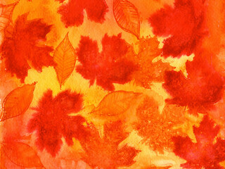 Vivid watercolor painting of autumn leaves. Fall foliage background in bright red, yellow and orange colors. 