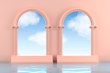 A podium in the form of arches with clean beautiful water and stairs. Blue and peach color. Illustration of a pedestal with a cloudy sky. 3D Render
