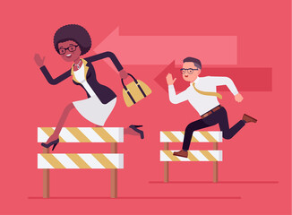 Business people running over barrier, try to overcome difficulties, obstacles. Office male and female rivals, manager competitors, strong employees for achievement, to win. Vector illustration