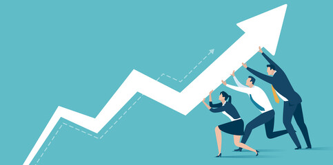 Cooperation Concept - Growth. Increase profit. The business team raises an arrow. Business vector illustration. 