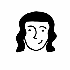 Doodle girls face. Hand-drawn outline human isolated on white background. Funny smiling Avatar. Cartoon curly woman. Female portrait. Beautiful hairstyle, positive emotions. Vector illustration