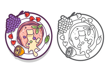 Fototapeta premium Breakfast plate with pancakes and fruits vector cartoon top view icon isolated on a white background.