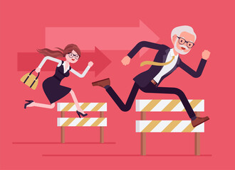 Business people running over barrier, try to overcome difficulties, obstacles. Office senior and young rivals, manager competitors, strong employees for achievement, to win. Vector illustration