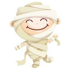 Cute character in Egyptian mummy costume for Halloween. Cartoon vector graphics.
