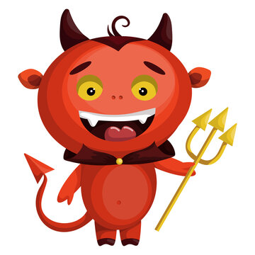 Cute character in a devil costume, an imp with a pitchfork. Image for a party for the holiday Halloween. Cartoon vector graphics.