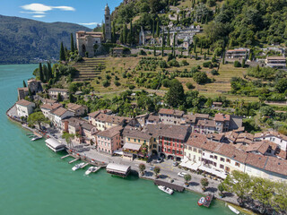 Fototapeta na wymiar Drone view at Morcote on lake Lugano in the italian part of Switzerland