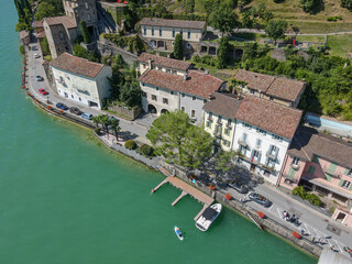 Fototapeta na wymiar Drone view at Morcote on lake Lugano in the italian part of Switzerland