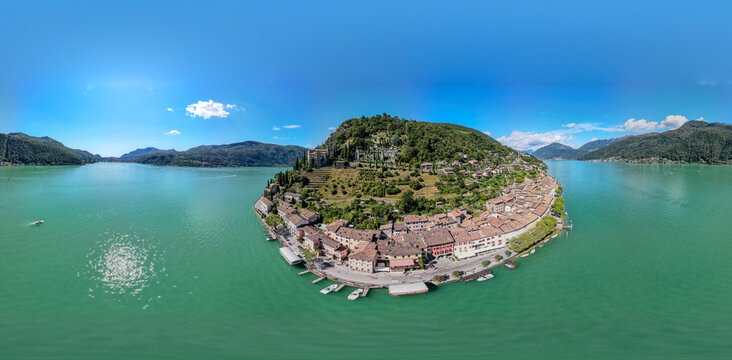 Drone view at Morcote on lake Lugano in the italian part of Switzerland
