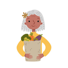 Elderly black woman happy holding a package with vegetables and fruits, elderly healthy lifestyle vector. Fresh food in an eco-paper bag. Food delivery by courier. Cartoon character portrait