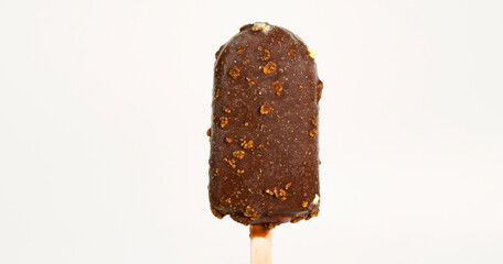 Close-up detail Front view, ice cream Chocolate sticks melting isolated on white background..