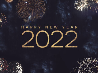 Happy New Year 2022 Text with Gold Fireworks in Night Sky