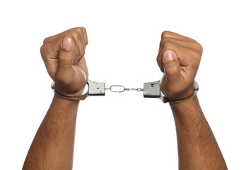 Man in handcuffs on white background, closeup